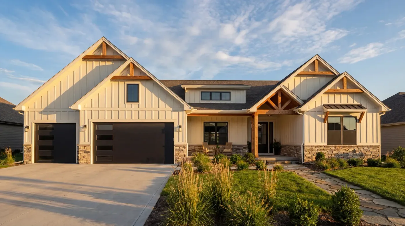 Beautiful farmhouse-style home with two new garage doors installed by Trusted Garage Solutions