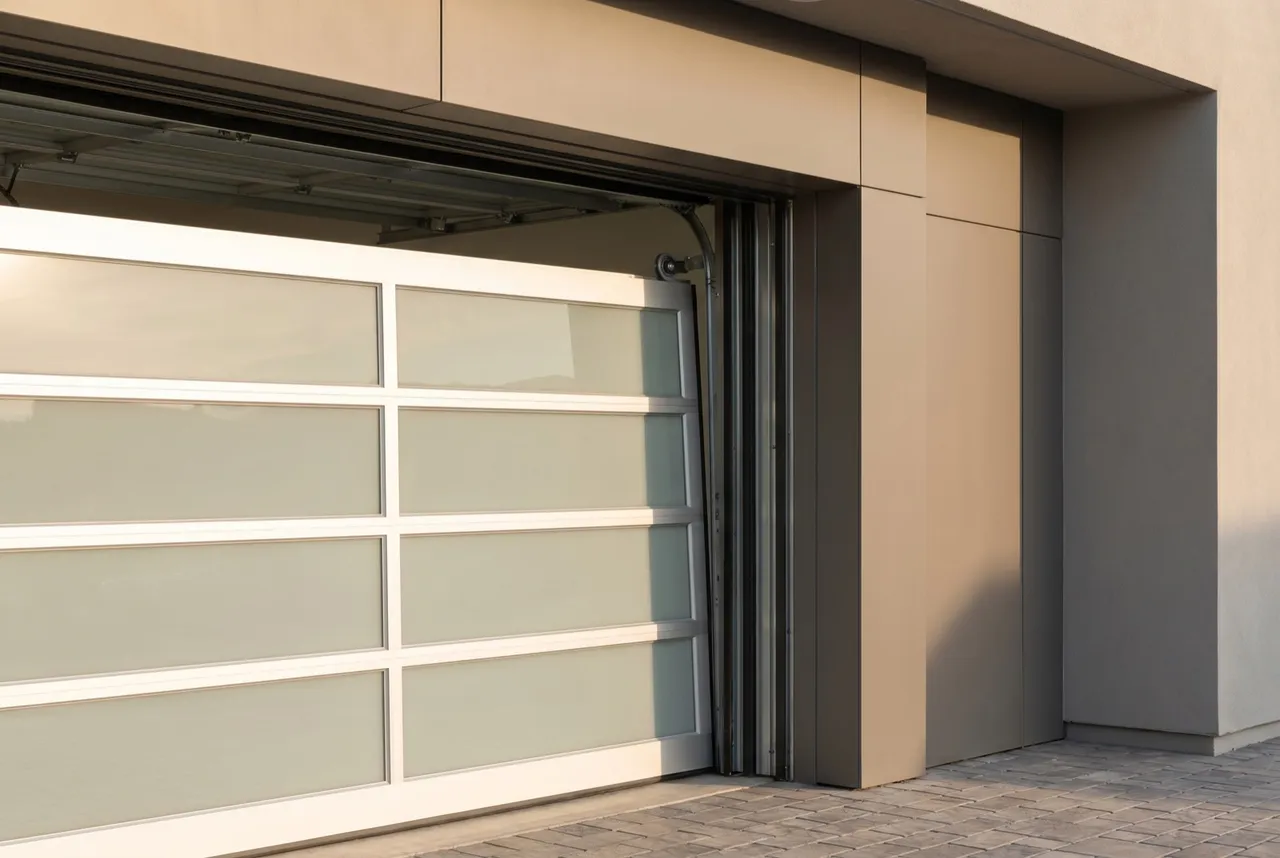 Residential garage door hanging crooked and derailed off its track